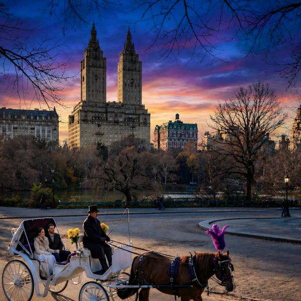 Horse-drawn carriage in park at sunset, two passengers, two towers in background.