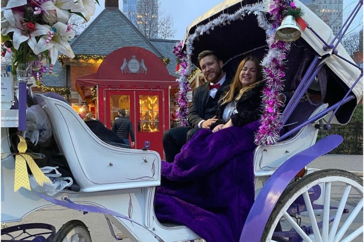 Couple in a decorated horse-drawn carriage with city buildings in background.