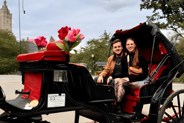 Couple seated in a horse carriage with park and buildings in background.