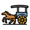 Illustration of a brown horse pulling a covered wagon.