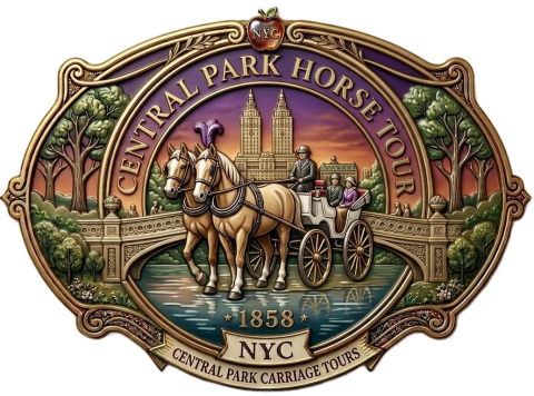Vintage sign of Central Park horse tour with carriage, riders, and decorative elements.
